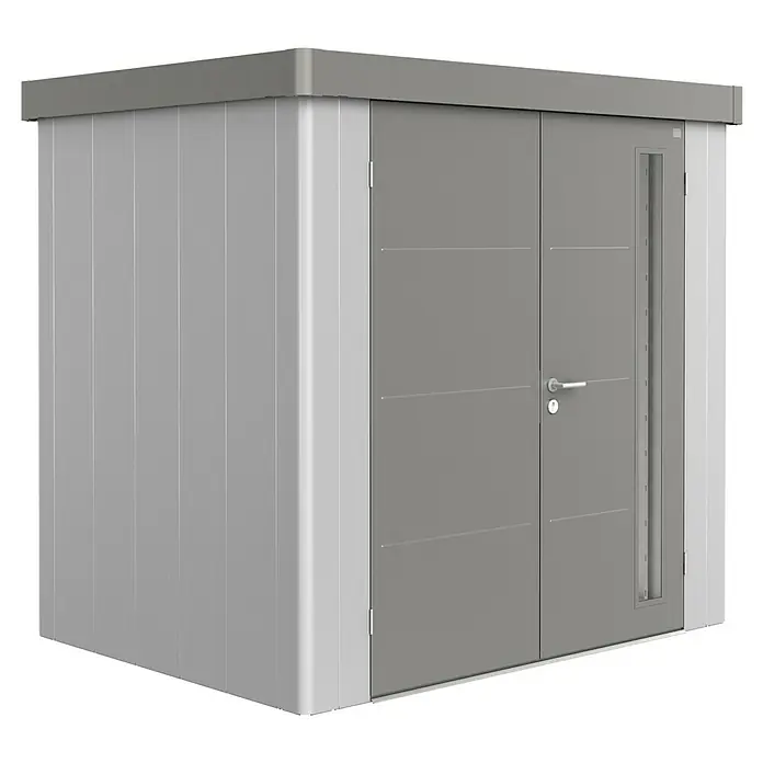 Biohort Gerätehaus Neo 1B - 236 cm, 180 cm, Stahl, Silber Metallic, Quarzgrau Metallic, Doppeltür - Diagonale Ansicht