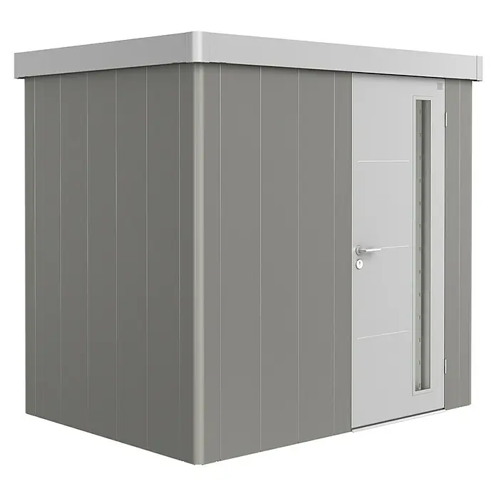 Biohort Gerätehaus Neo 1B - 236 cm, 180 cm, Stahl, Quarzgrau Metallic, Silber Metallic, Einzeltür - Diagonale Ansicht