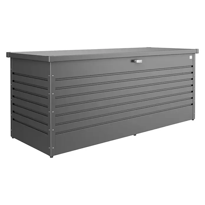 Biohort Garten-Aufbewahrungsbox 200 - L x B x H: 79 x 201 x 83 cm, Stahl, Dunkelgrau Metallic - Diagonale Ansicht