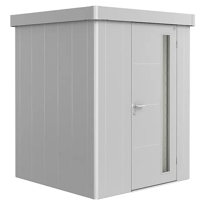 Biohort Gerätehaus Neo 1A - 180 cm, 180 cm, Stahl, Silber Metallic - Diagonale Ansicht