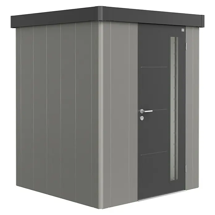 Biohort Gerätehaus Neo 1A - 180 cm, 180 cm, Stahl, Quarzgrau Metallic, Dunkelgrau Metallic - Diagonale Ansicht