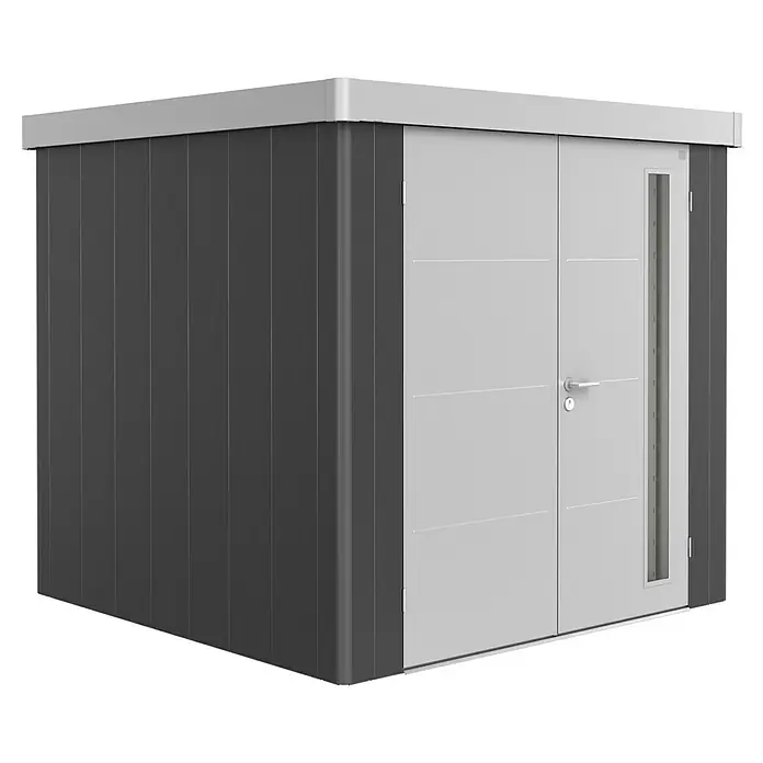 Biohort Gerätehaus Neo 2B - 236 cm, 236 cm, Stahl, Dunkelgrau Metallic, Silber Metallic, Doppeltür - Diagonale Ansicht