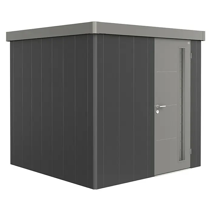 Biohort Gerätehaus Neo 2B - 236 cm, 236 cm, Stahl, Dunkelgrau Metallic, Quarzgrau Metallic, Einzeltür - Diagonale Ansicht