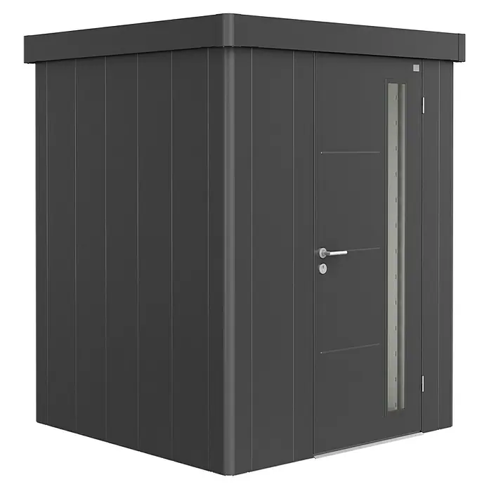 Biohort Gerätehaus Neo 1A - 180 cm, 180 cm, Stahl, Dunkelgrau Metallic - Diagonale Ansicht