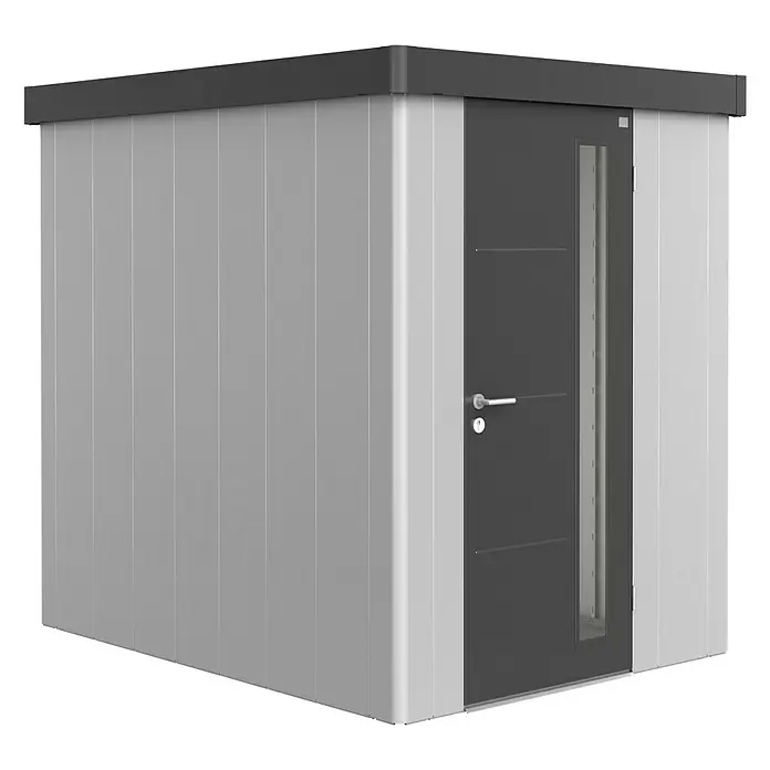 Biohort Gerätehaus Neo 2A - Außenbreite inkl. Dachüberstand: 180 cm, Außentiefe inkl. Dachüberstand: 236 cm, Stahl, Silber Metallic, Dunkelgrau Metallic - Diagonale Ansicht