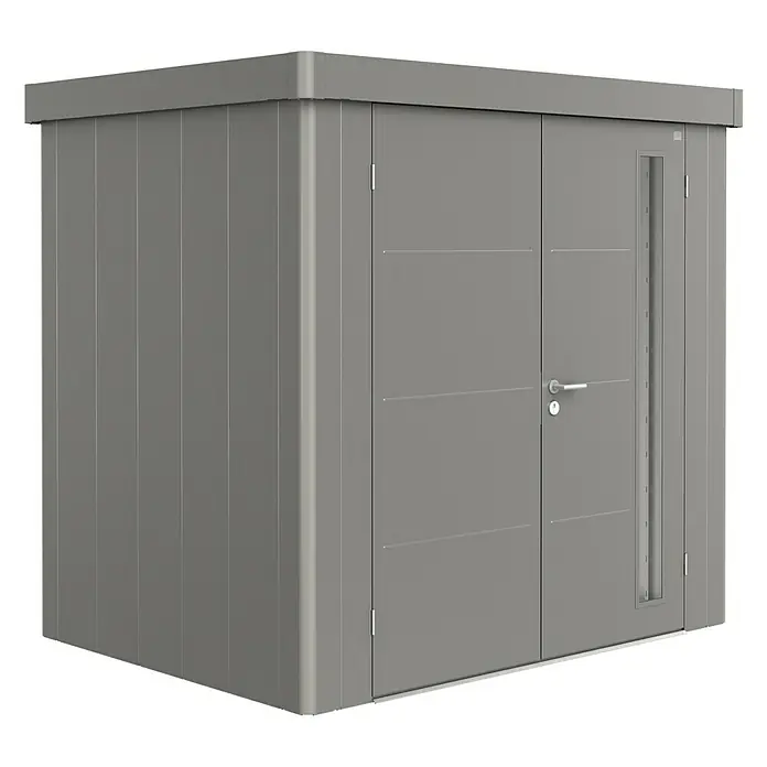 Biohort Gerätehaus Neo 1B - 236 cm, 180 cm, Stahl, Quarzgrau Metallic, Doppeltür - Diagonale Ansicht