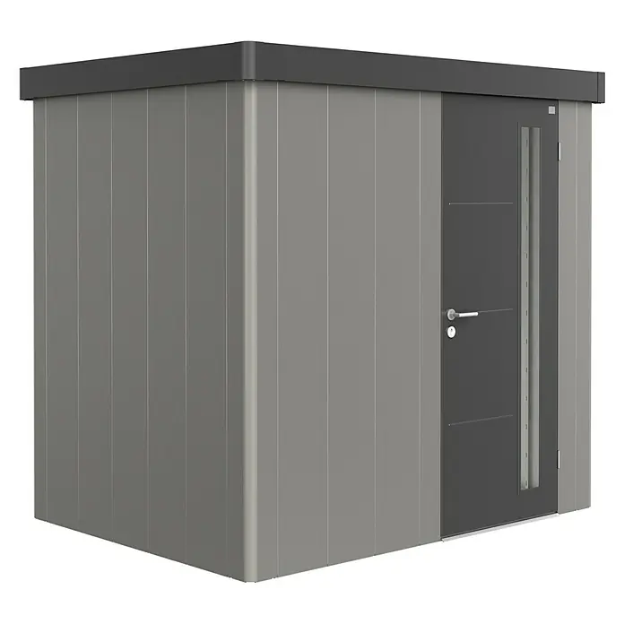 Biohort Gerätehaus Neo 1B - 236 cm, 180 cm, Stahl, Quarzgrau Metallic, Dunkelgrau Metallic, Einzeltür - Diagonale Ansicht