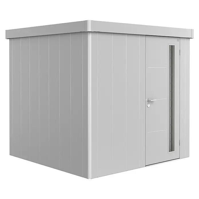 Biohort Gerätehaus Neo 2B - 236 cm, 236 cm, Stahl, Silber Metallic, Einzeltür - Diagonale Ansicht