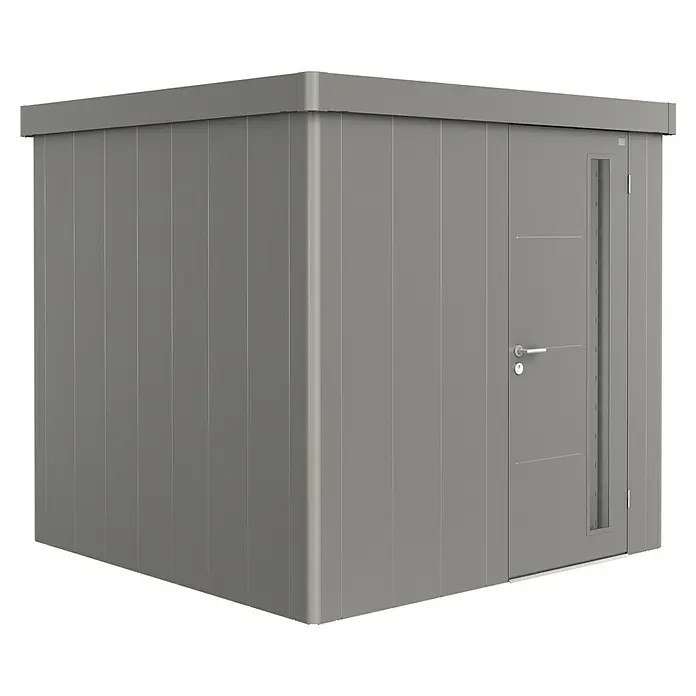 Biohort Gerätehaus Neo 2B - 236 cm, 236 cm, Stahl, Quarzgrau Metallic, Einzeltür - Diagonale Ansicht