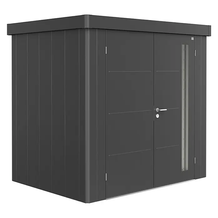 Biohort Gerätehaus Neo 1B - 236 cm, 180 cm, Stahl, Dunkelgrau Metallic, Doppeltür - Diagonale Ansicht