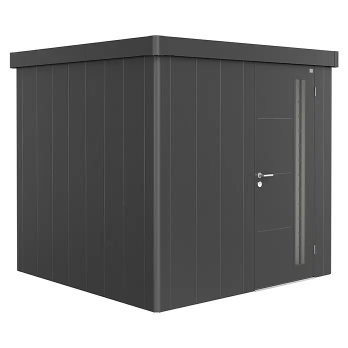 Biohort Gerätehaus Neo 2B - 236 cm, 236 cm, Stahl, Dunkelgrau Metallic, Einzeltür - Diagonale Ansicht