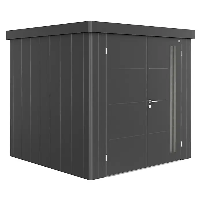 Biohort Gerätehaus Neo 2B - 236 cm, 236 cm, Stahl, Dunkelgrau Metallic, Doppeltür - Diagonale Ansicht
