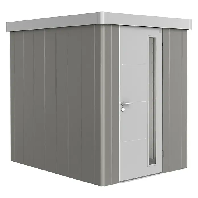 Biohort Gerätehaus Neo 2A - Außenbreite inkl. Dachüberstand: 180 cm, Außentiefe inkl. Dachüberstand: 236 cm, Stahl, Quarzgrau Metallic, Silber Metallic - Diagonale Ansicht
