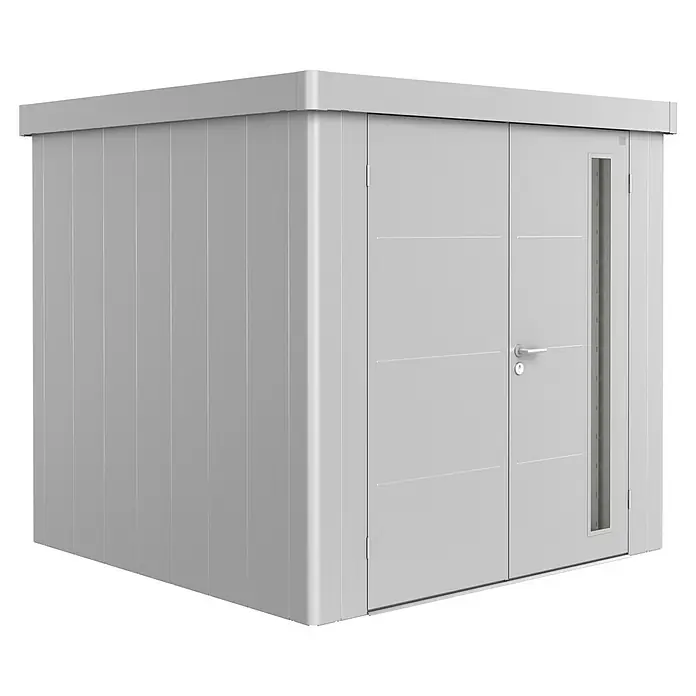 Biohort Gerätehaus Neo 2B - 236 cm, 236 cm, Stahl, Silber Metallic, Doppeltür - Diagonale Ansicht
