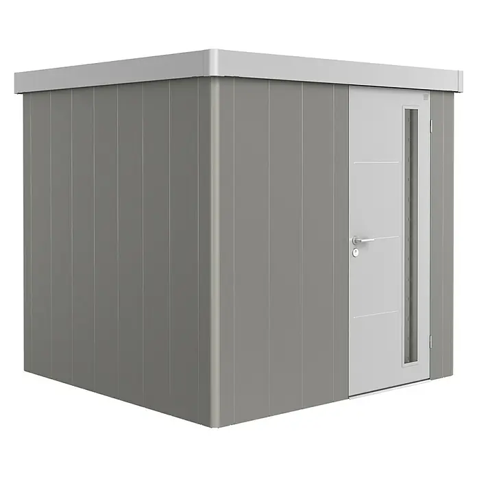 Biohort Gerätehaus Neo 2B - 236 cm, 236 cm, Stahl, Quarzgrau Metallic, Silber Metallic, Einzeltür - Diagonale Ansicht
