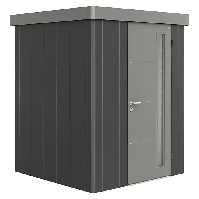 Biohort Gerätehaus Neo 1A - 180 cm, 180 cm, Stahl, Dunkelgrau Metallic, Quarzgrau Metallic - Diagonale Ansicht