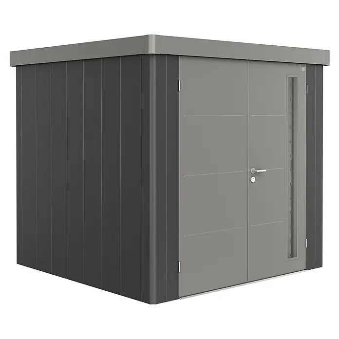 Biohort Gerätehaus Neo 2B - 236 cm, 236 cm, Stahl, Dunkelgrau Metallic, Quarzgrau Metallic, Doppeltür - Diagonale Ansicht