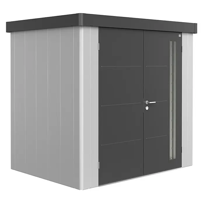 Biohort Gerätehaus Neo 1B - 236 cm, 180 cm, Stahl, Silber Metallic, Dunkelgrau Metallic, Doppeltür - Diagonale Ansicht