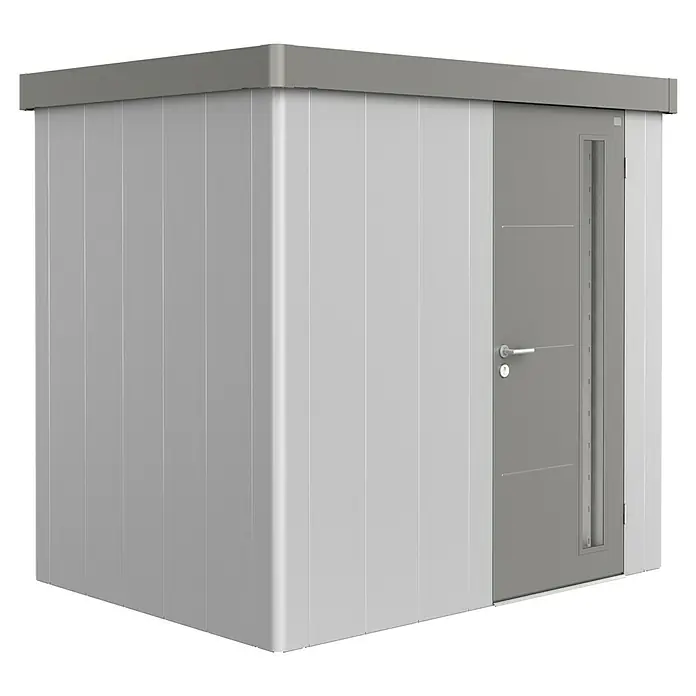 Biohort Gerätehaus Neo 1B - 236 cm, 180 cm, Stahl, Quarzgrau, Einzeltür - Diagonale Ansicht