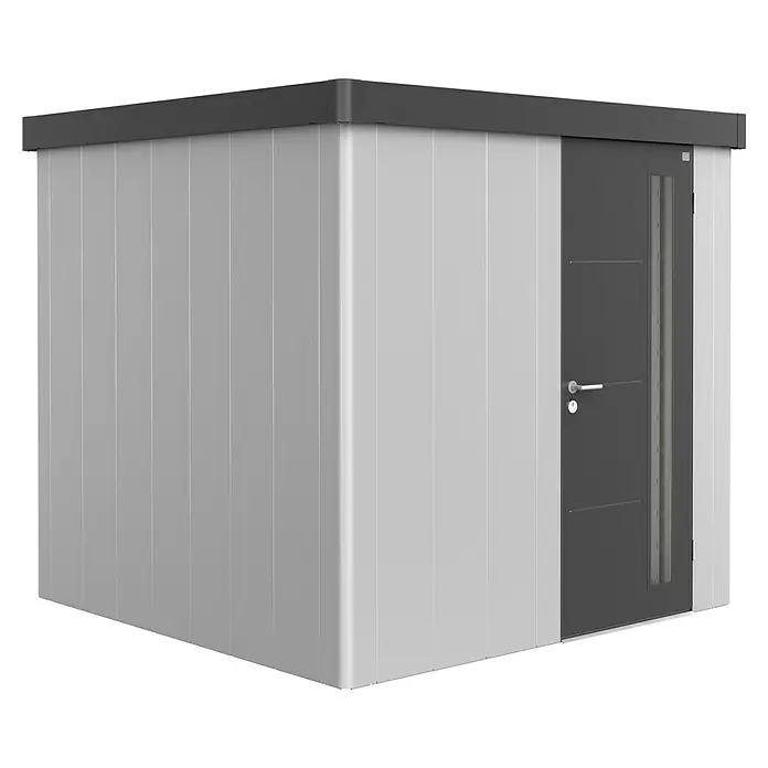 Biohort Gerätehaus Neo 2B - 236 cm, 236 cm, Stahl, Silber Metallic, Dunkelgrau Metallic, Einzeltür - Diagonale Ansicht
