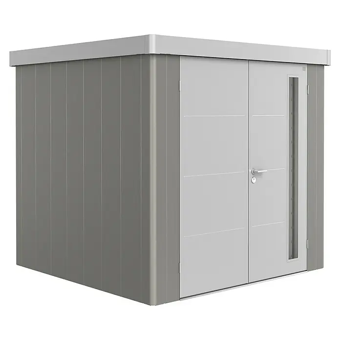 Biohort Gerätehaus Neo 2B - 236 cm, 236 cm, Stahl, Quarzgrau Metallic, Silber Metallic, Doppeltür - Diagonale Ansicht