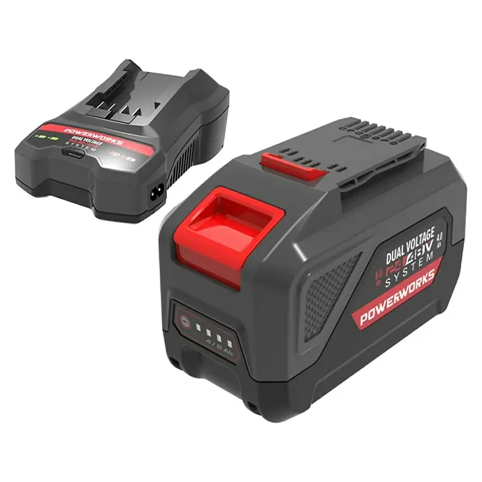 Powerworks Dual Voltage Kit de arranque Starter-Kit PSK2448B4X - 1 x batería, 1 x cargador - Vista angular