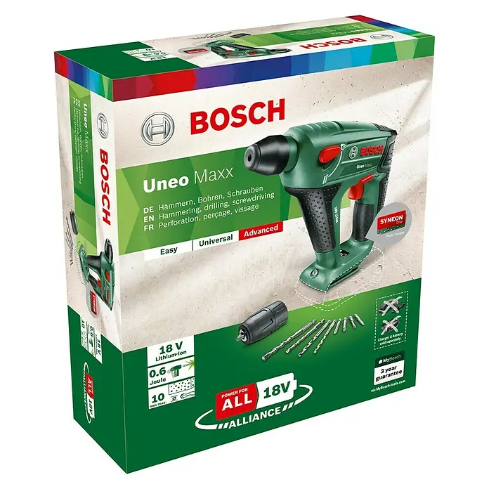 Bosch 18 V Power for All Akku-Bohrhammer Uneo Maxx - 18 V, Li-Ionen, Ohne Akku, Einzelschlagstärke: 0,6 J - Diagonale Ansicht