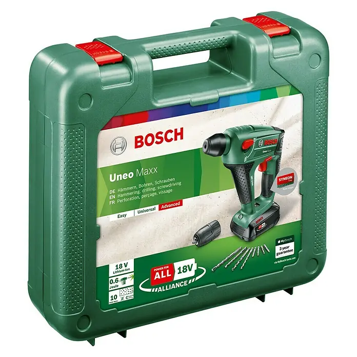 Bosch 18 V Power for All Akku-Bohrhammer Uneo Maxx - 18 V, Li-Ionen, 2,5 Ah, 1 Akku, Einzelschlagstärke: 0,6 J - Diagonale Ansicht