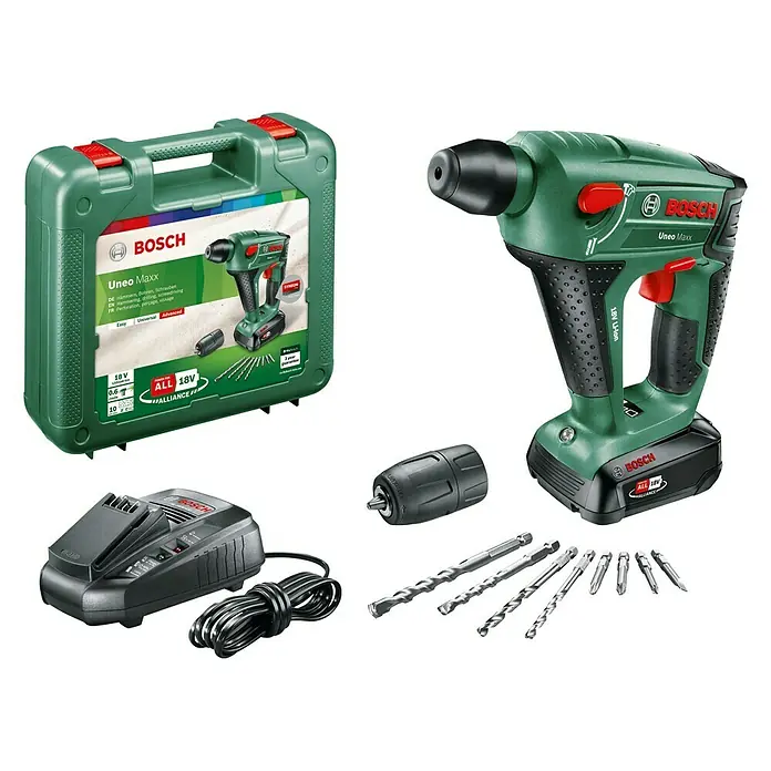 Bosch 18 V Power for All Akku-Bohrhammer Uneo Maxx - 18 V, Li-Ionen, 2,5 Ah, 1 Akku, Einzelschlagstärke: 0,6 J - Diagonale Ansicht