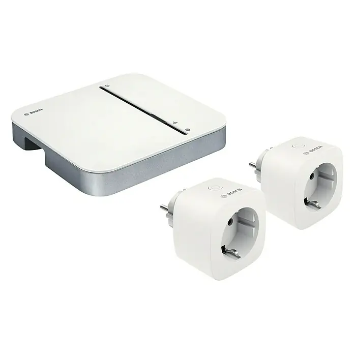 Bosch Smart Home Starter-Set Clever-Automationen - 1x Bosch Smart Home Controller, 2x Bosch Smart Home Plug Compact - Diagonale Ansicht