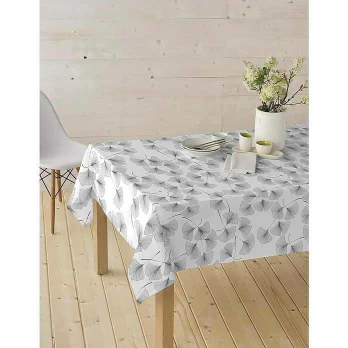 Mantel para mesa a metros antimanchas Ginko - 140 cm, Blanco/Negro - Foto ambiente