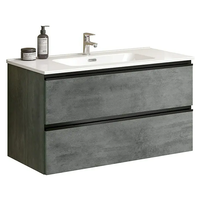 Wastafelonderkast York Beton - Zwarte Grepen - l x b x h: 45,5 x 89 x 50 cm, Beton - Diagonaal zicht