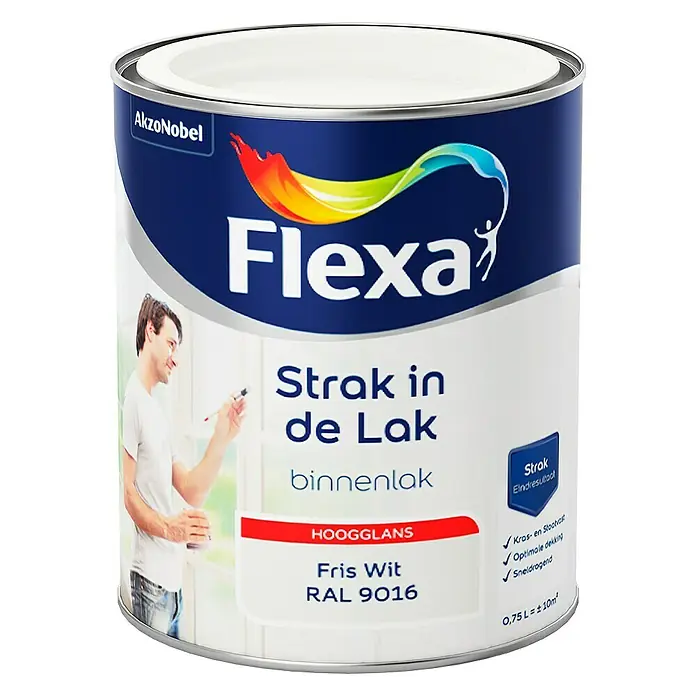 Flexa Strak in de Lak Lak Fris Wit RAL 9016 Waterbasis - Fris Wit, 750 ml, Hoogglans - Vooraanzicht
