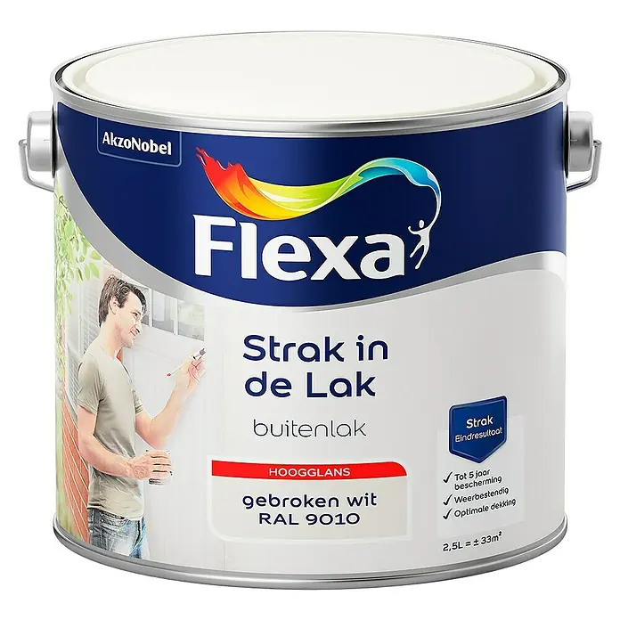 Flexa Strak in de Lak Witte lak Gebroken Wit RAL 9010 - Gebroken wit, 2,5 l, Hoogglans - Vooraanzicht