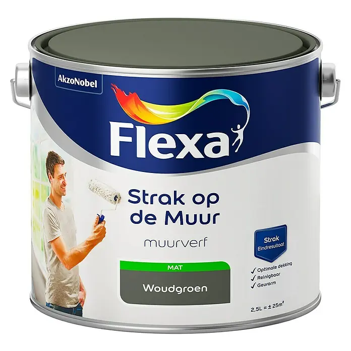 Flexa Strak op de Muur Muurverf Woudgroen - Woudgroen, 2,5 l, Mat - Vooraanzicht