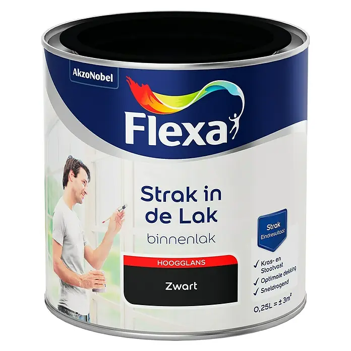 Flexa Strak in de Lak Lak Zwart - Zwart, 250 ml, Hoogglans - Vooraanzicht