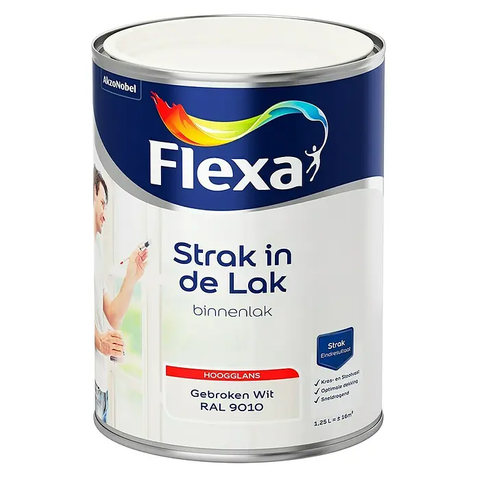 Flexa Strak in de Lak Lak Gebroken Wit RAL 9010 - Gebroken wit, 1,25 l, Hoogglans - Vooraanzicht