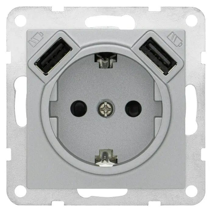 BJC Viva Enchufe con USB - 2 Polos + Toma Tierra, Plateado, Plástico, 16 A - Vista frontal