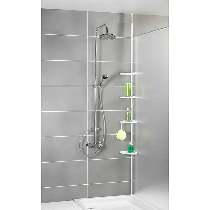 Wenko Rinconera de ducha telescópica Easy - Ajuste de altura: 78 cm - 265 cm, 4 estantes, Blanco - Foto ambiente