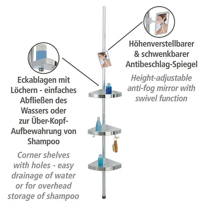Wenko Teleskop-Eckregal Premium - Höhenverstellung: 70 cm - 260 cm, 3-stöckig, Edelstahl