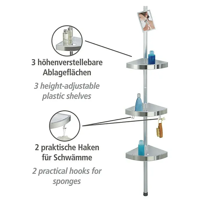 Wenko Teleskop-Eckregal Premium - Höhenverstellung: 70 cm - 260 cm, 3-stöckig, Edelstahl