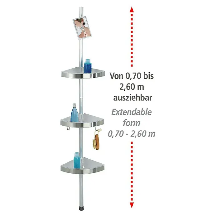 Wenko Teleskop-Eckregal Premium - Höhenverstellung: 70 cm - 260 cm, 3-stöckig, Edelstahl