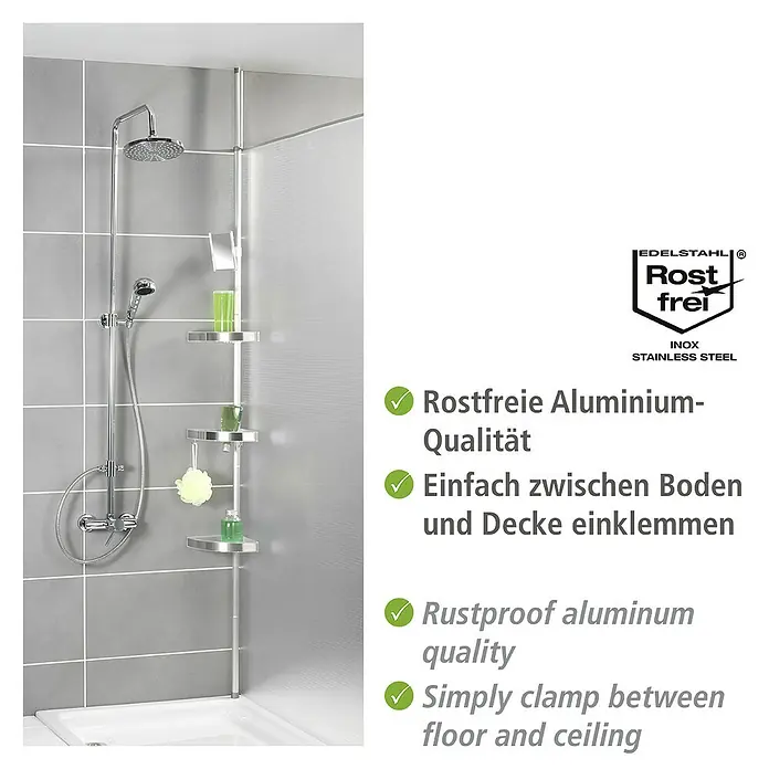 Wenko Teleskop-Eckregal Premium - Höhenverstellung: 70 cm - 260 cm, 3-stöckig, Edelstahl