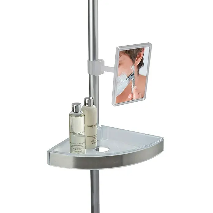 Wenko Teleskop-Eckregal Premium - Höhenverstellung: 70 cm - 260 cm, 3-stöckig, Edelstahl - Diagonale Ansicht