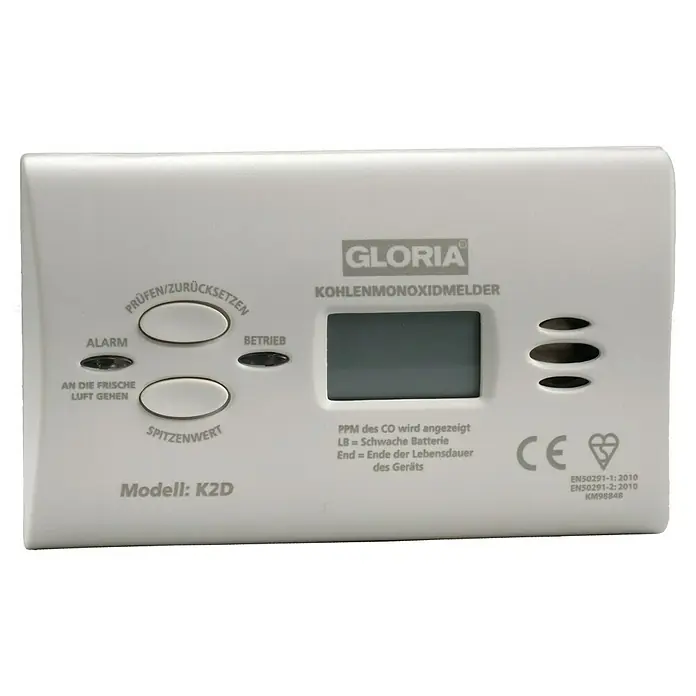Gloria Kohlenmonoxidmelder K2D - L x B x H: 40 x 116 x 72 mm, Batterielaufzeit: 1 Jahr - Vorderansicht