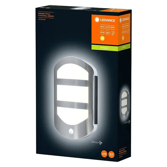 Osram Endura Style LED-Außenwandleuchte mit Sensor - 12,5 W, 180 x 60 x 283 mm, Edelstahl, IP44 - Diagonale Ansicht