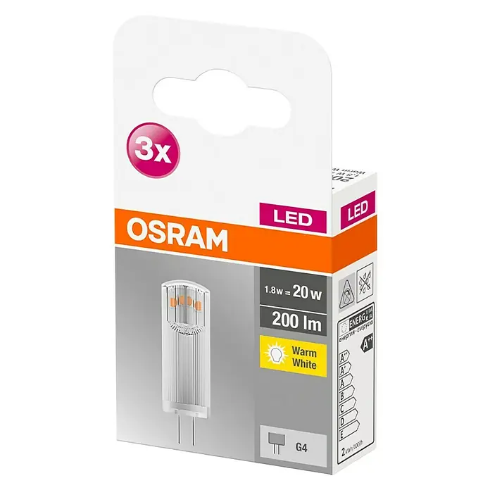 Osram LED-Leuchtmittel Base Pin 20 - G4, 1,8 W, T13, 200 lm, 3 Stk. - Diagonale Ansicht