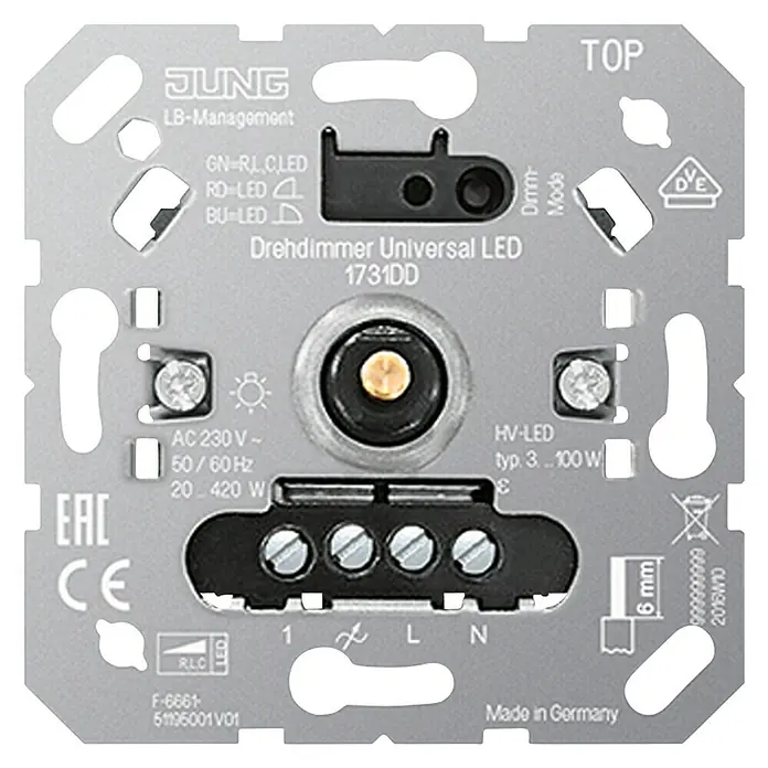 Jung LED-Dimmer - 3 W - 420 W, Metall, Unterputz - Vorderansicht