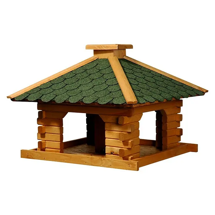 Dobar Vogelfutterhaus Rustikal - 50 x 50 x 38 cm, Naturbraun/Grün, Mit Silo - Diagonale Ansicht