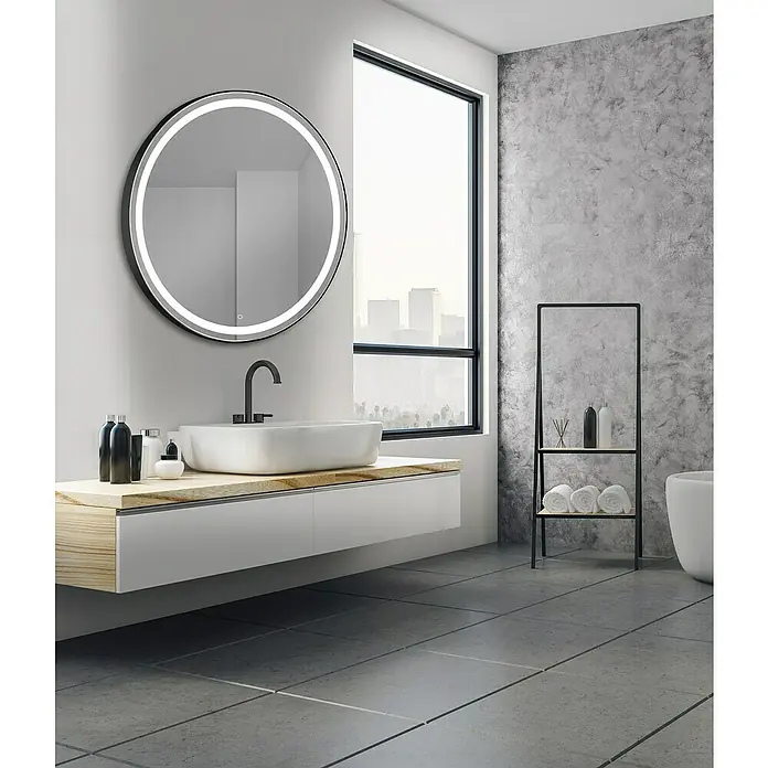 Espejo redondo con luz LED Ogun - Diámetro: 80 cm, Negro - Foto ambiente